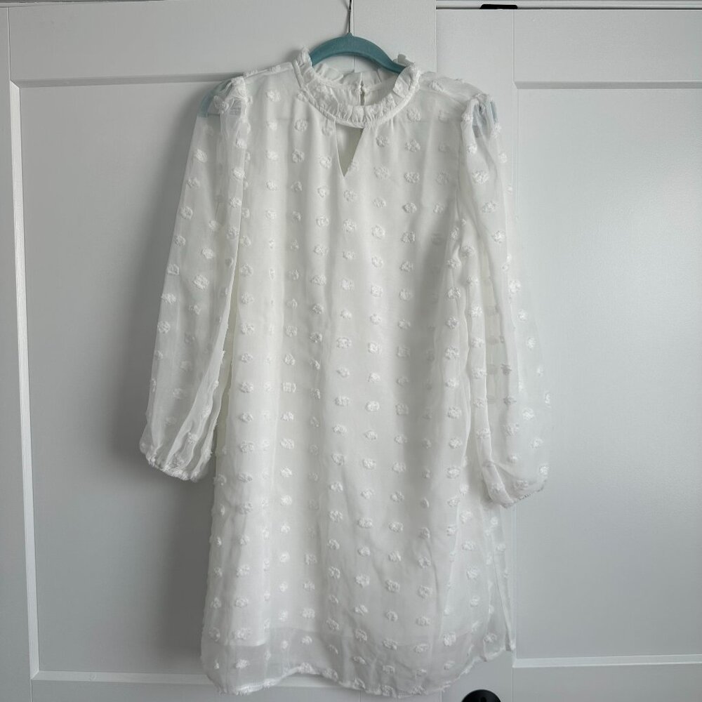 NEW White Swiss Dot Chiffon Dress Long Sleeve Flowy Mini M